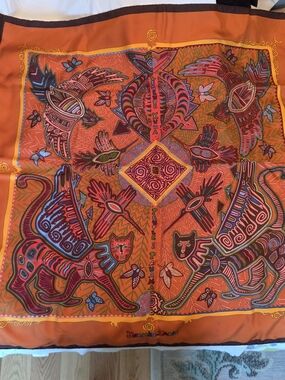 Authenic Hermes Silk Scarf -Legende Kuna Vibrant Orange Tribal Motif With Box